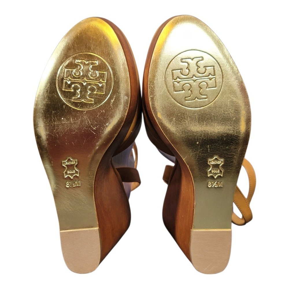 Tory Burch Drea Wedge Size 8.5M Tan Wood Platform Sandal Heel Designer Shoes - Picture 6 of 9